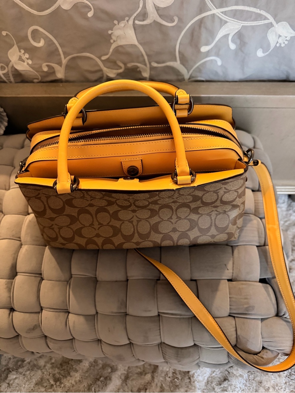 Coach Brown Signature Satchel with Yellow Trim - Picture 3 of 5